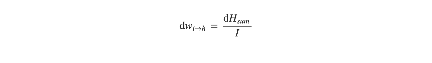Equation continued: delta weights equals delta hidden sum over input data.