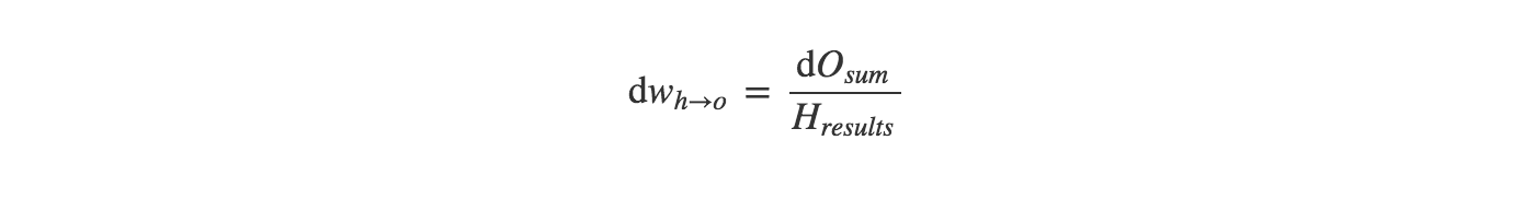 Equation: change in weights equals delta output sum over hidden layer results.